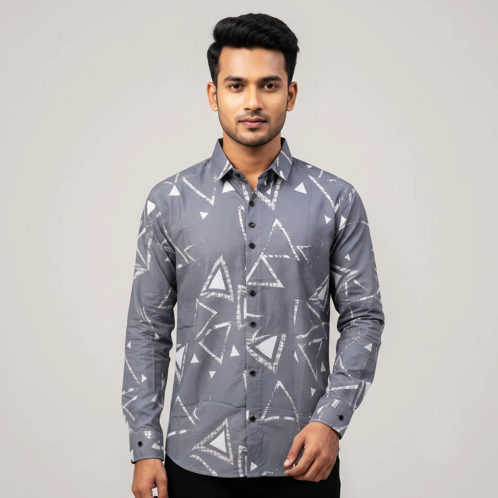 Premium Saffron Fabric Geometric Triangle Print Shirt