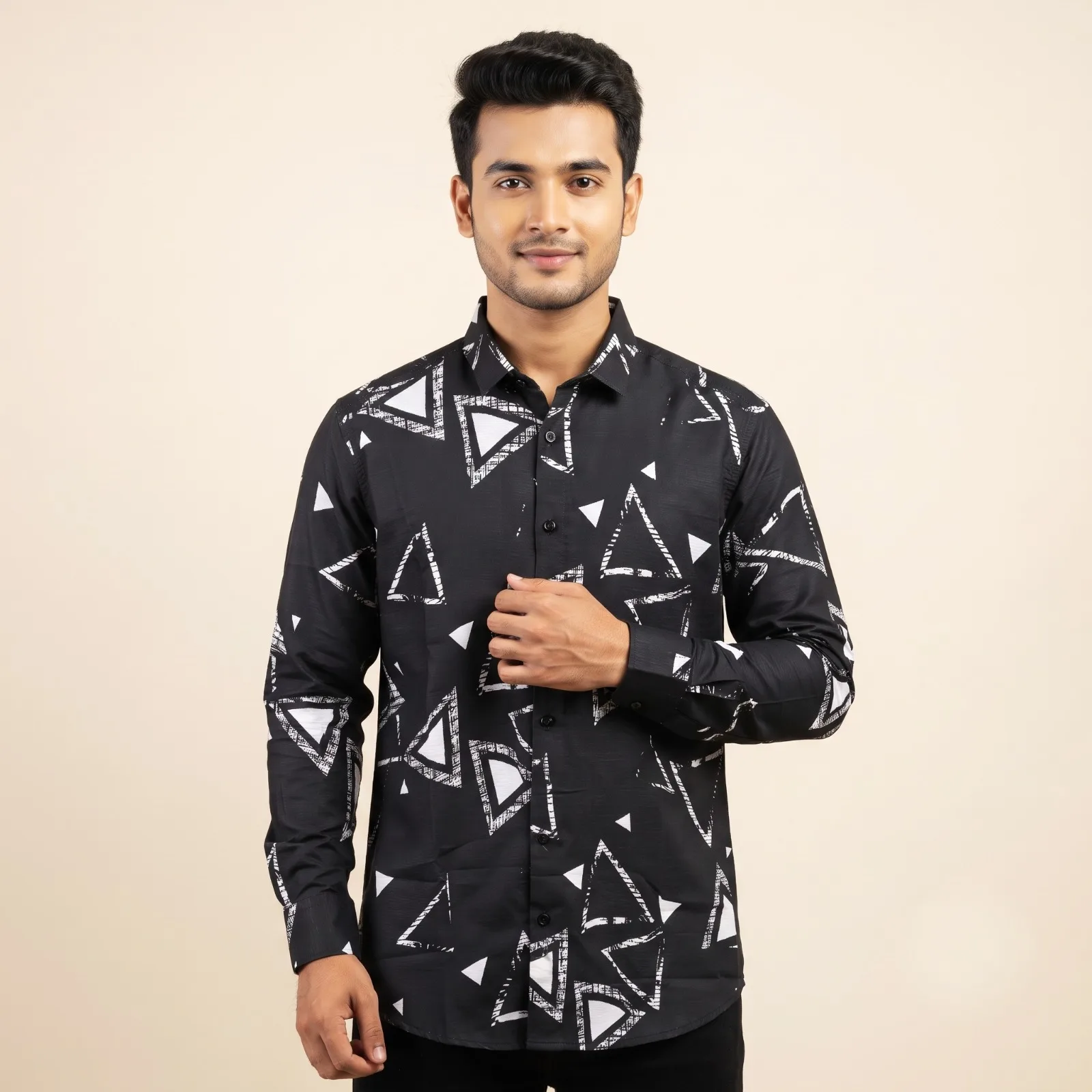 Premium Saffron Fabric Geometric Triangle Print Shirt