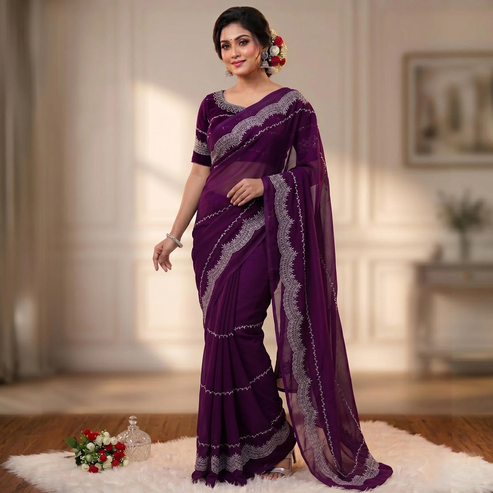Embroidered Saree with Matching Blouse Piece