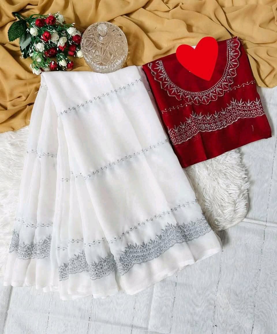 Embroidered Saree with Matching Blouse Piece