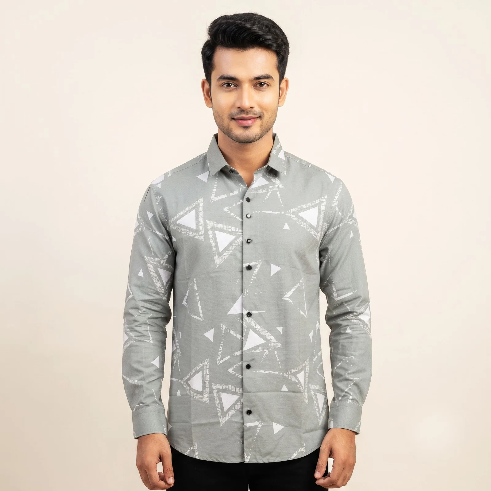 Premium Saffron Fabric Geometric Triangle Print Shirt